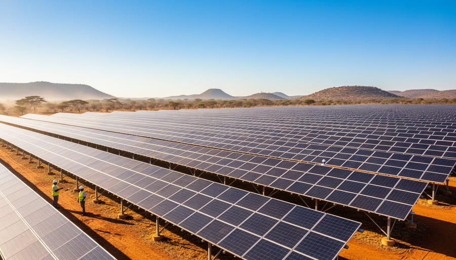 Aerial view of extensive solar panel array in African desert landscape
