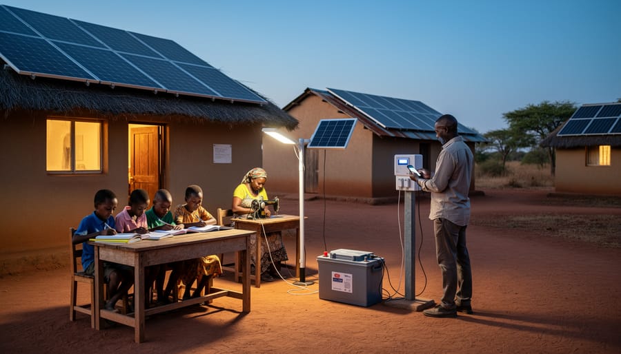 African family studying together under solar-powered LED lighting in rural home
