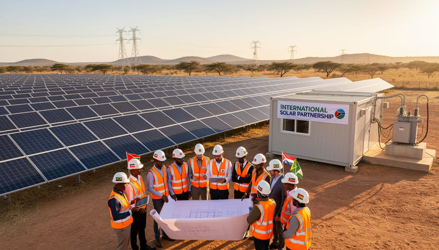 Diverse business professionals collaborating at solar energy project site in Africa