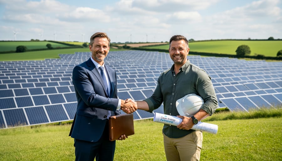 UK investors shaking hands with a local partner beside solar panels in an outdoor African landscape