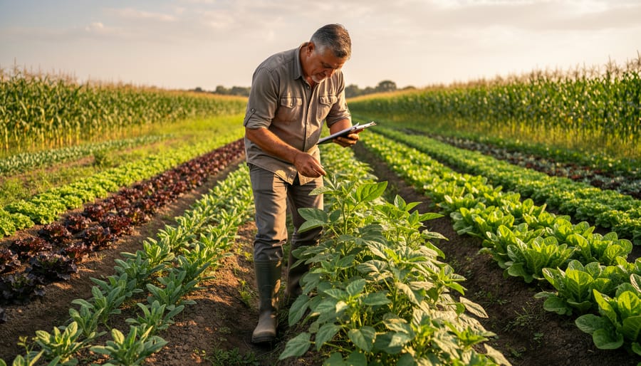 A smallholder farmer inspecting a healthy intercropped maize field on a rural farm in Africa.