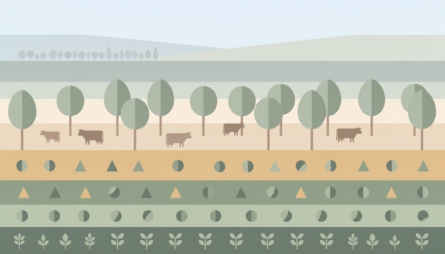 Agroforestry landscape in Africa with trees integrated among crops and livestock grazing nearby.