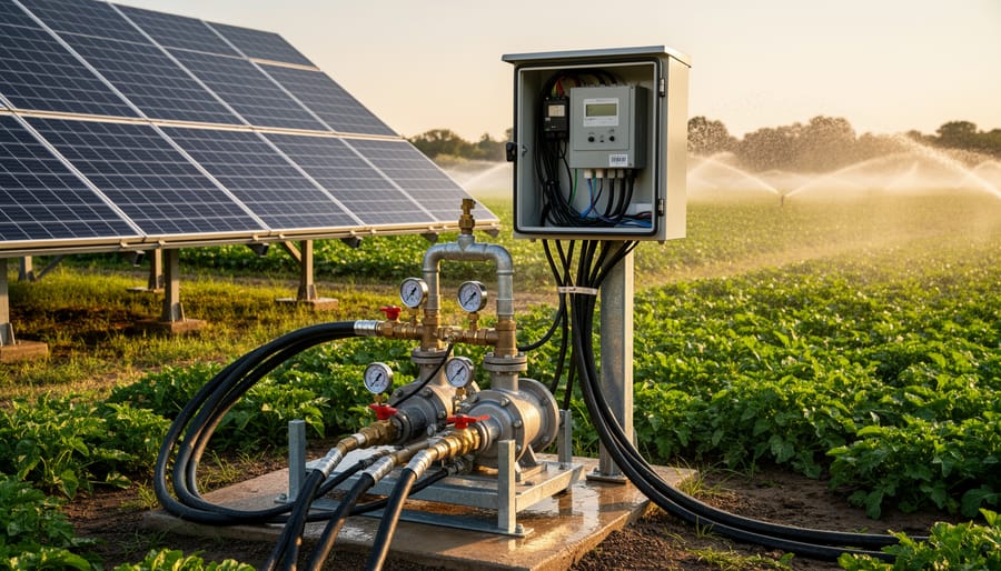 Close-up of a submersible pump and cables near a borehole used for solar-powered irrigation