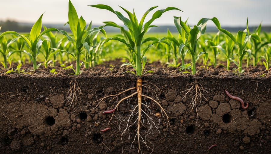 Close-up of rich dark soil with organic matter and visible healthy plant roots.