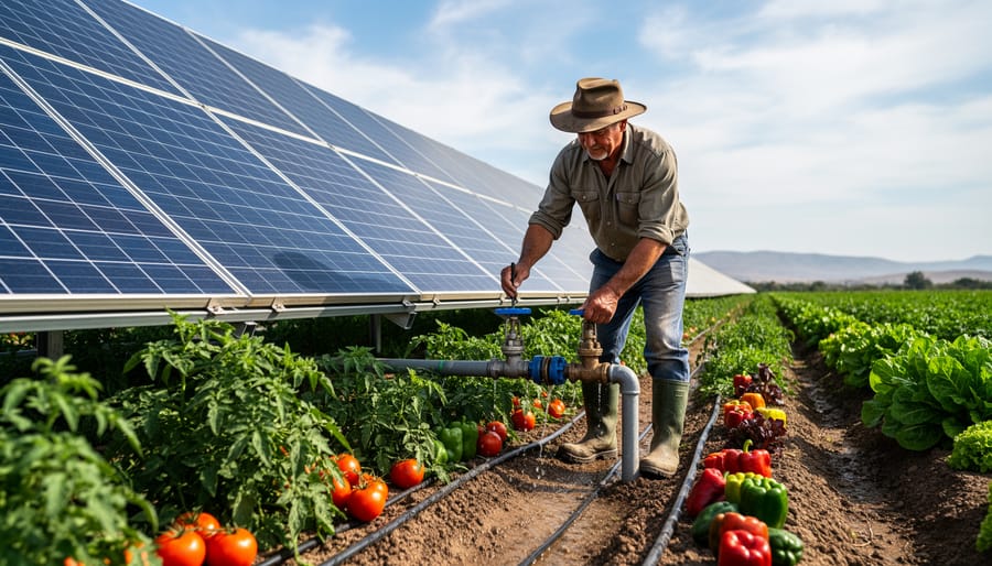 Farmer stands beside solar panels and drip lines powering irrigation for a vegetable plot