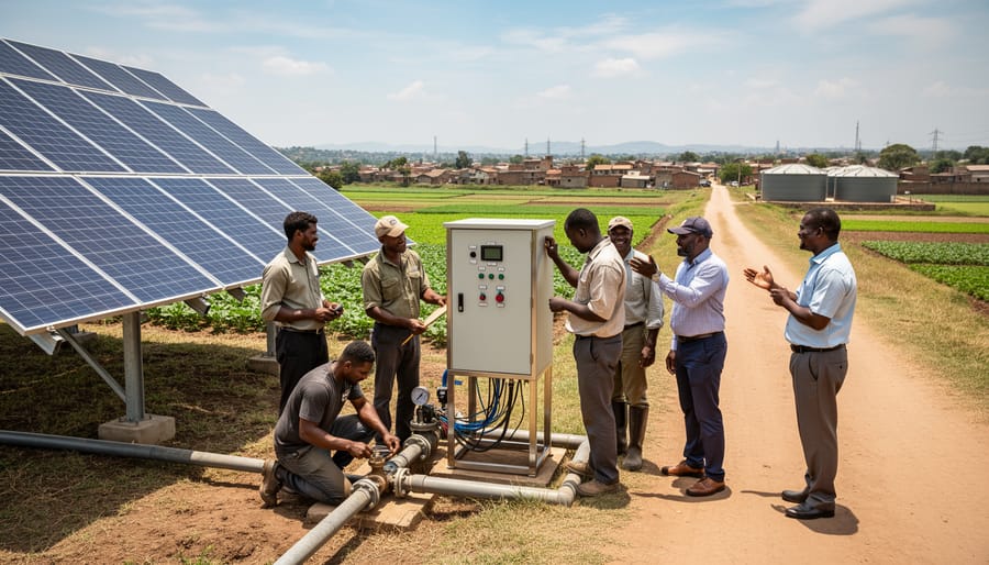 Farmers adjusting irrigation valves near a solar-powered pump setup during twilight