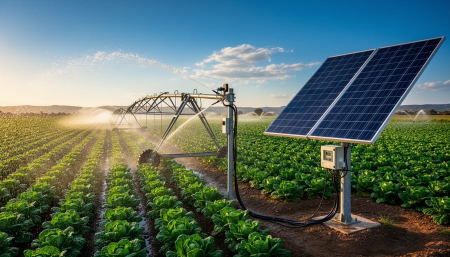 Solar-powered irrigation system delivering water to vegetable beds on an African farm.