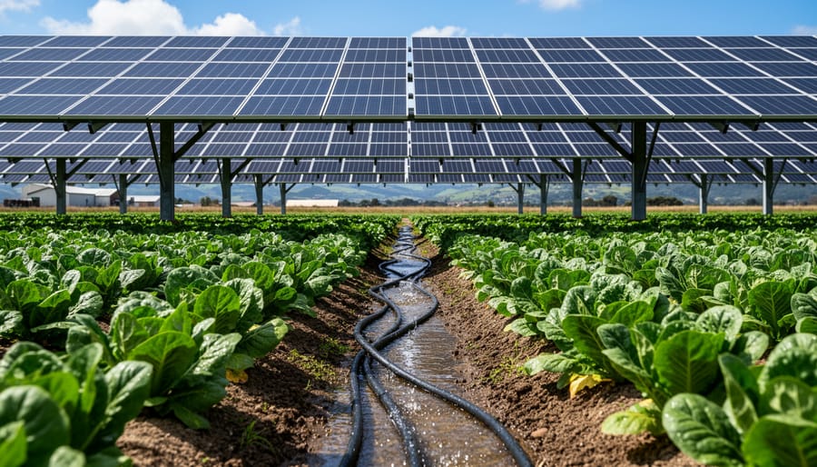 Vegetation growing under elevated solar panels with drip irrigation tubing in a farm field