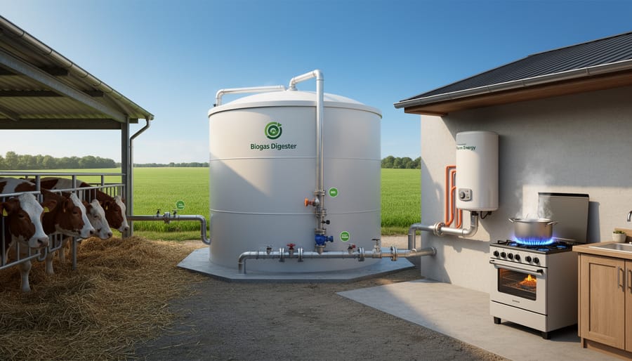 Biogas digester beside a cattle pen with connecting pipes on a rural farm