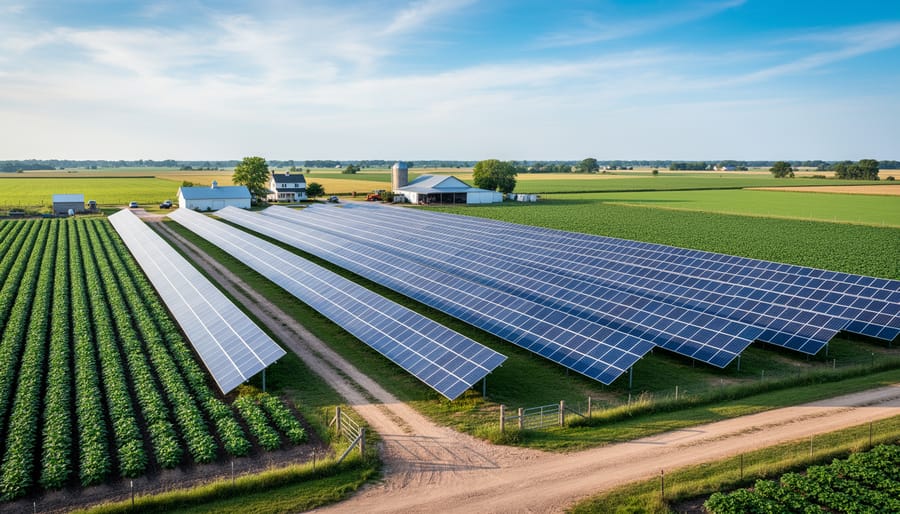 Solar panels installed beside thriving crop rows on an African smallholder farm