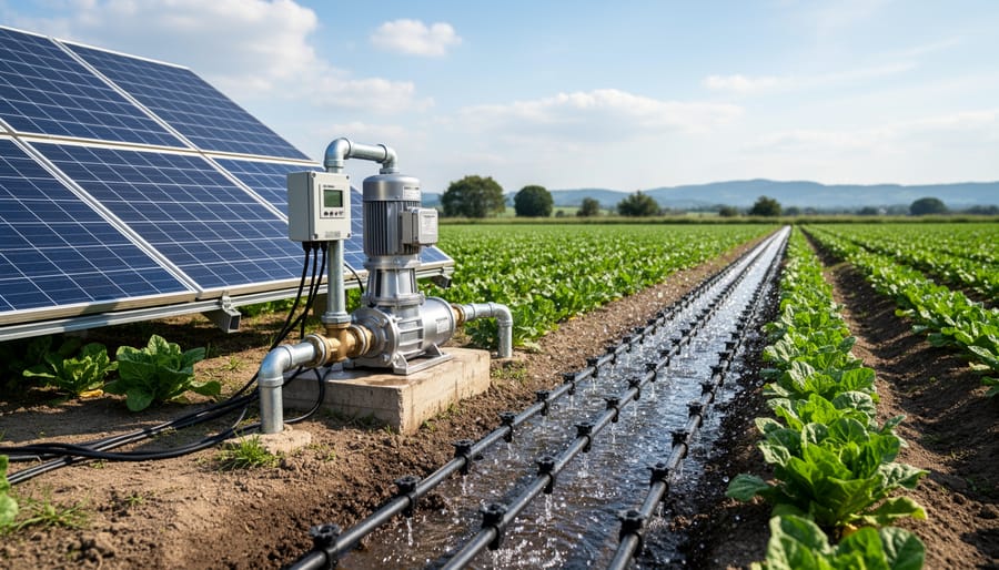 Solar-powered irrigation pump and drip lines supplying water to crop beds