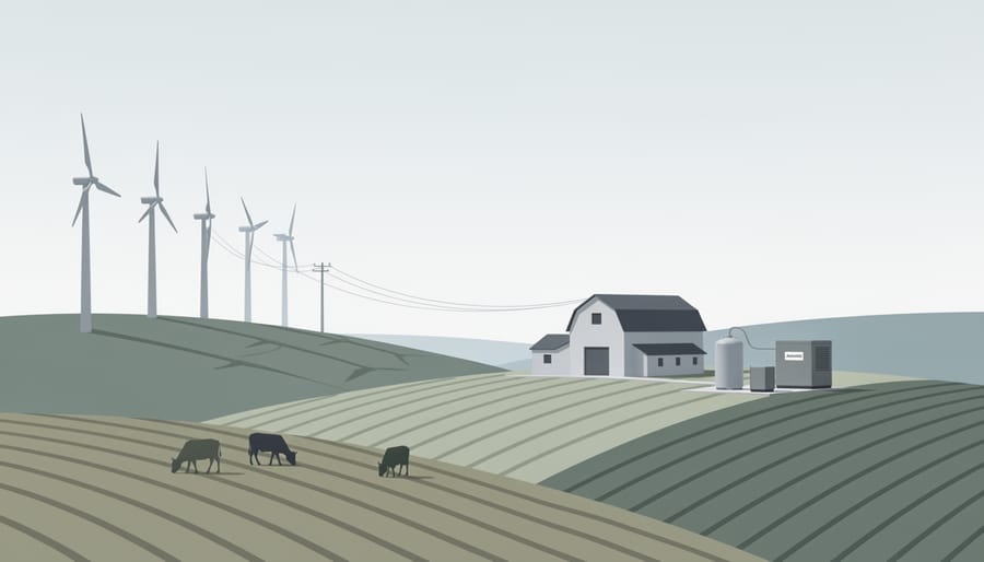 Cattle grazing near a small farm cold storage shed with a wind turbine in the background
