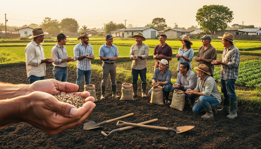 Smallholder farmers holding seed packets and farming tools outside a rural distribution point.