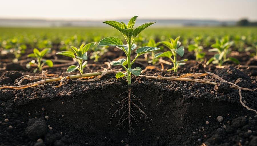 Close-up of a farmer’s hand holding soil with healthy plant roots and visible soil texture.