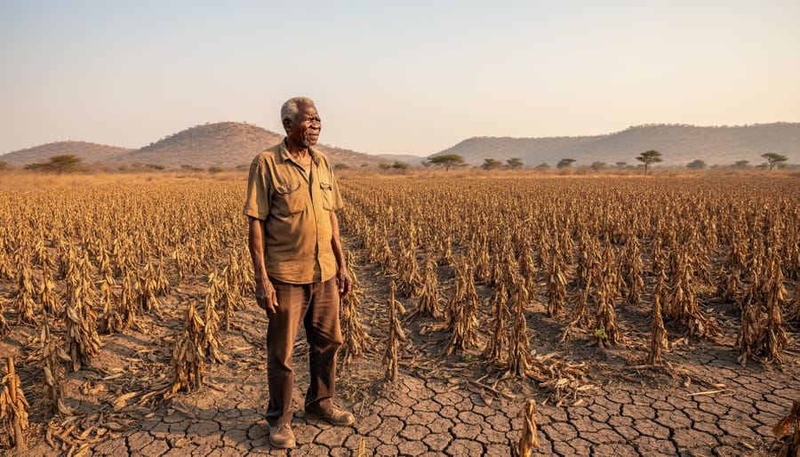 A smallholder farmer stands in a cracked, dry field with wilted seedlings under a dusty sky.