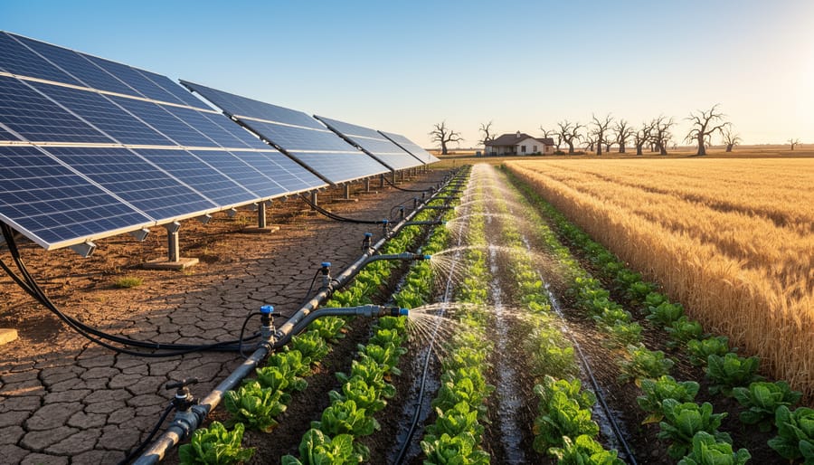Solar-powered irrigation panels and pump beside crop rows in a rural field.
