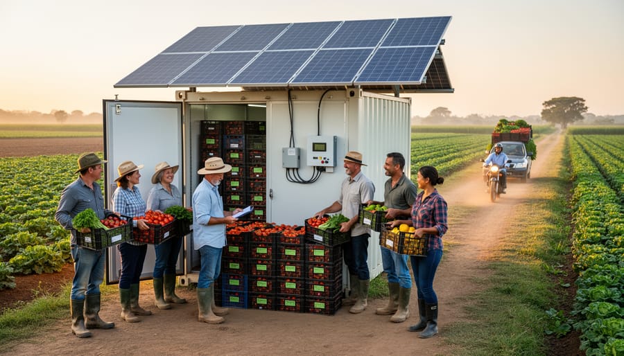 Farmers standing beside a community solar-powered cooling center with produce crates nearby