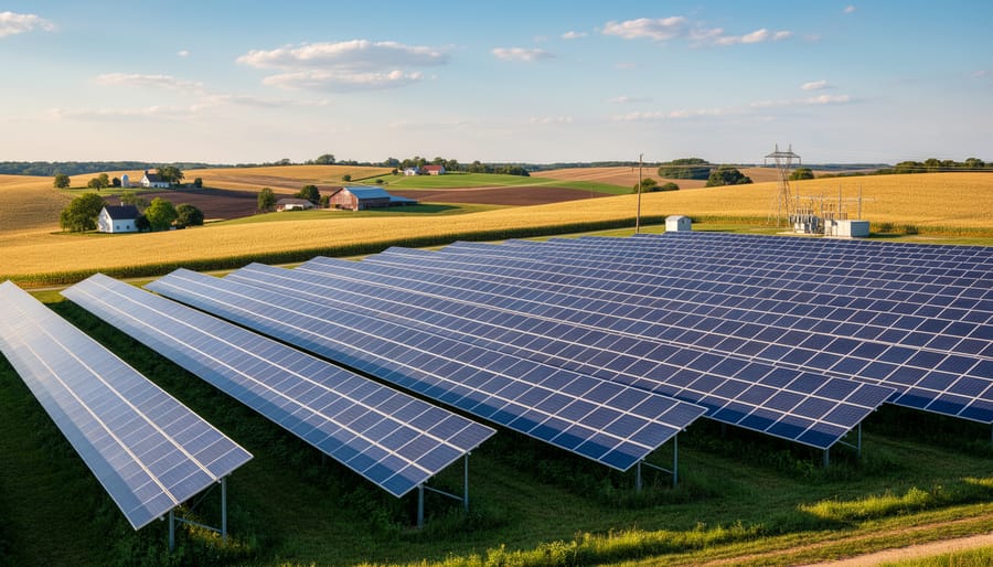 Rows of solar panels at a utility-scale solar farm in rural Africa under an overcast sky